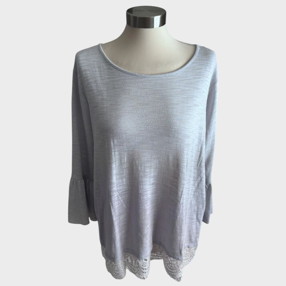 LC Lauren Conrad Woens XL Gray Tunic Top Polyester Rayon Lace Hem Bell Sleeve - Picture 2 of 10